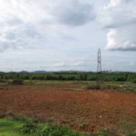 Felder, Palmen und Berge am Horizont. Die typische Landschaft in Südindien.