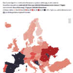 Europakarte mit Neuinfektionszahlen für Europa. Zusätzlich Anzeige des Risikogebiete (Scraping und Parsing der RKI-Webseite)